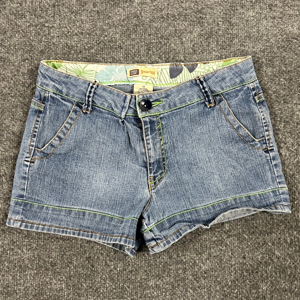 Faded Glory Shorts Womens Size 14 Blue Denim Stretch Lime Green Stitch Casual